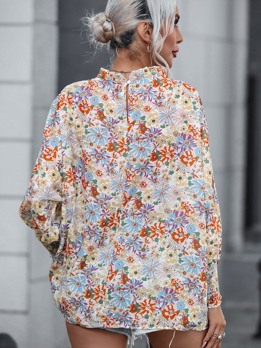 Floral Charm Multicolor Bubble Sleeve Blouse