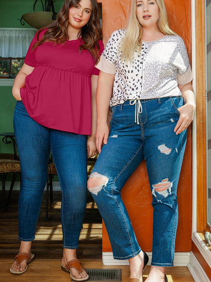 Elegant Rose Red Plus Size V-Neck Babydoll Top