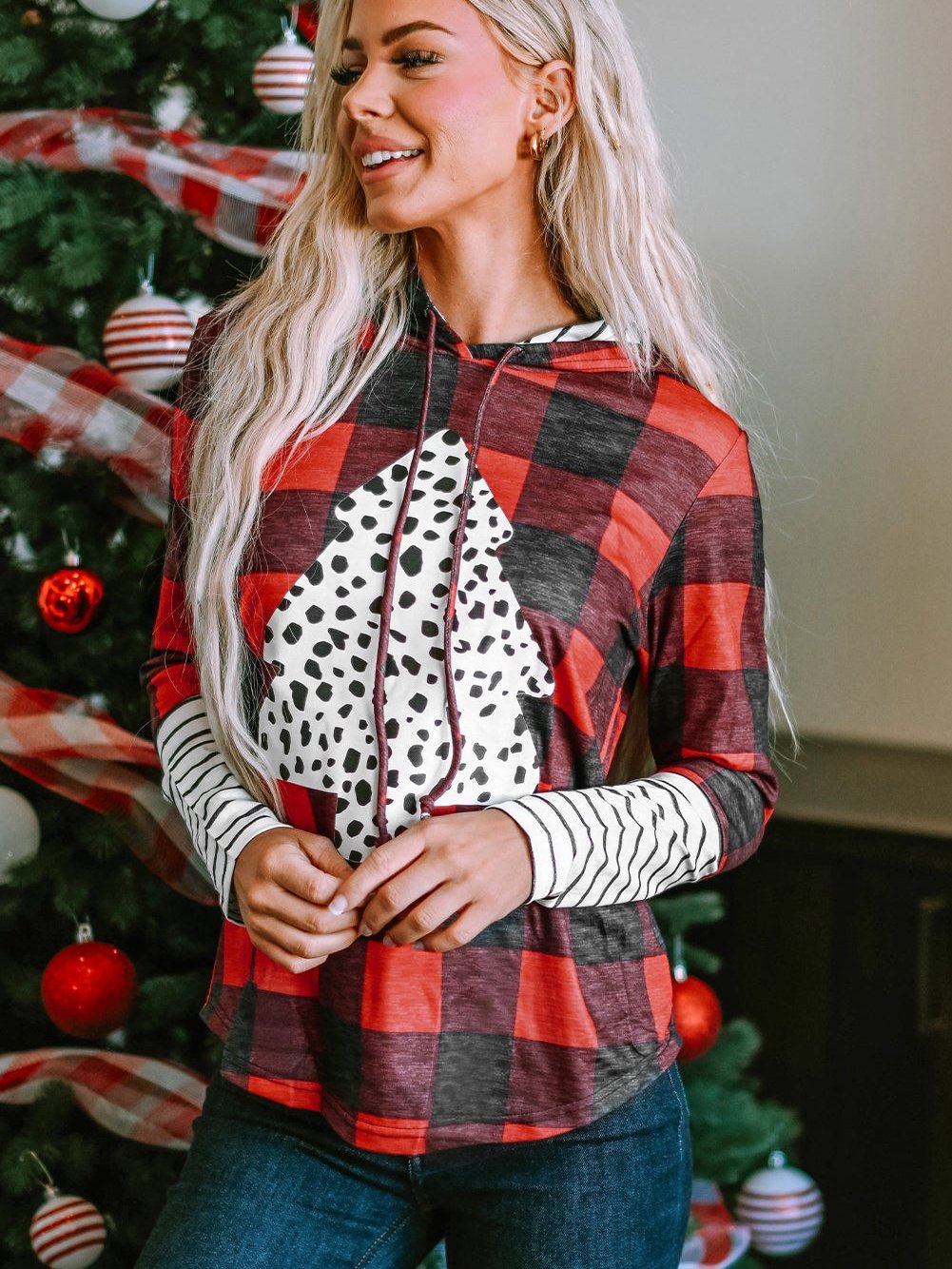 Festive Red Plaid Leopard Christmas Tree Hoodie with Fiery Accents