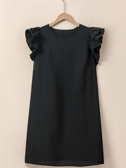 Black Ruffled Sleeve Rib Textured Plus Size Shift Dress
