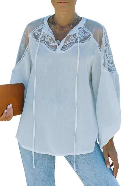 Elegant White Lace Detail V-Neck Blouse