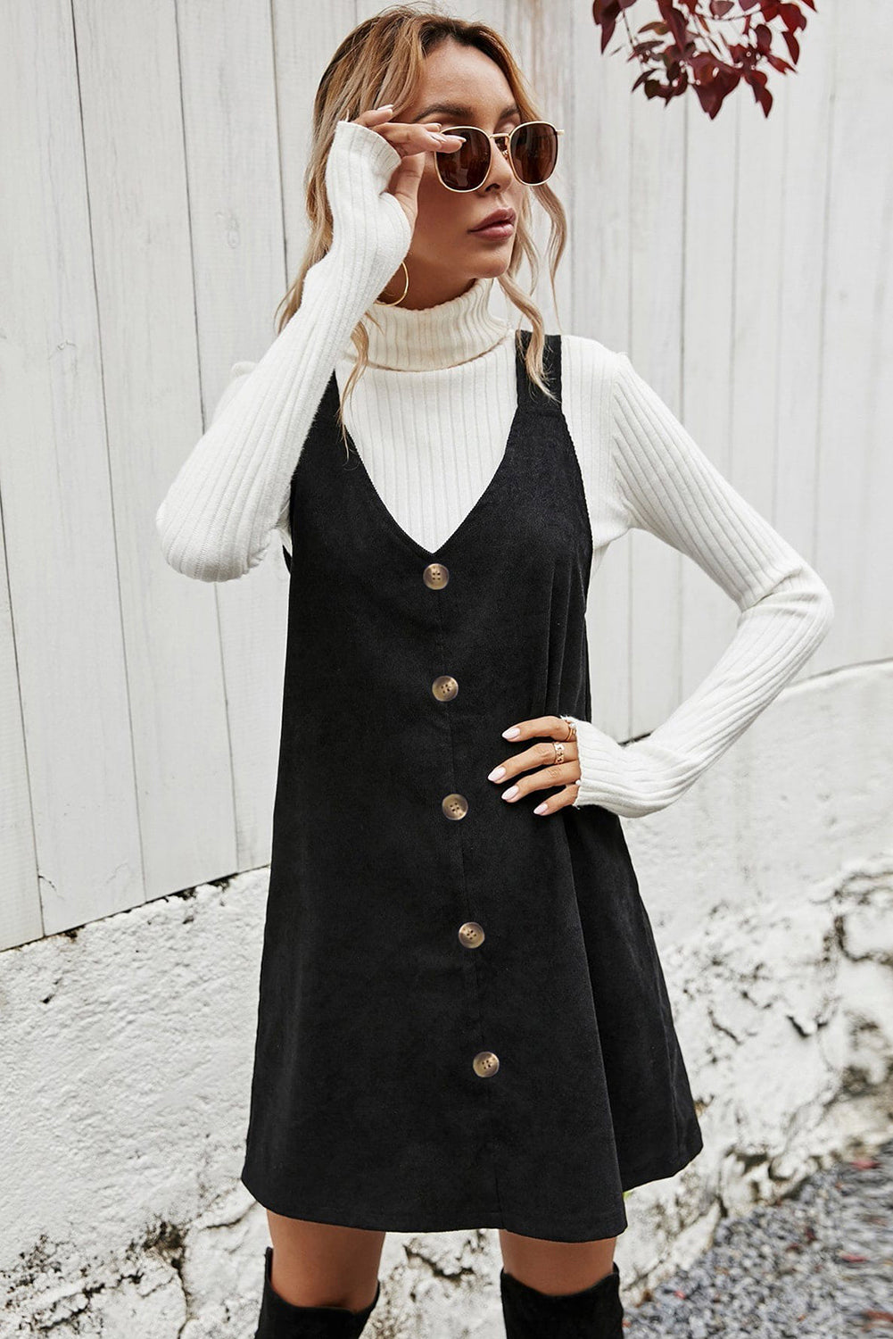 Black V Neck Button Front Sleeveless Corduroy Mini Dress