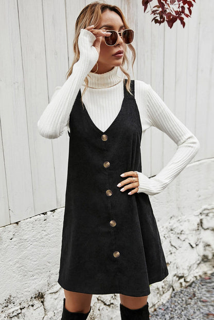 Black V Neck Button Front Sleeveless Corduroy Mini Dress