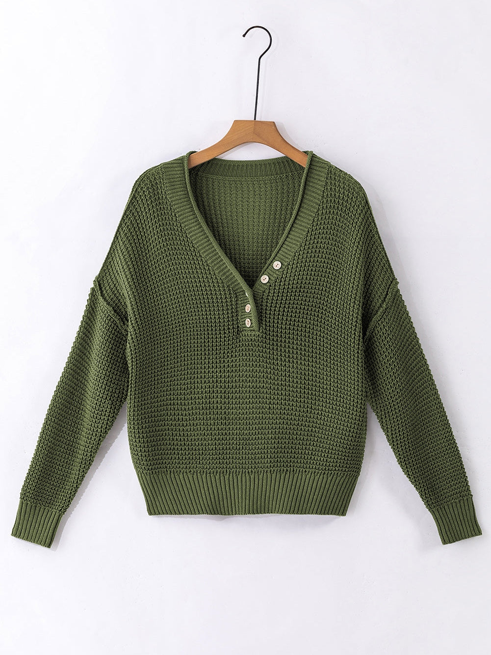 Green Buttoned V Neck Drop Shoulder Sweater with Pointelle Knit