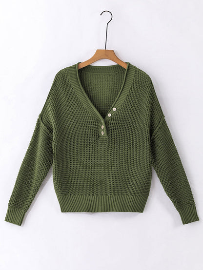 Green Buttoned V Neck Drop Shoulder Sweater with Pointelle Knit