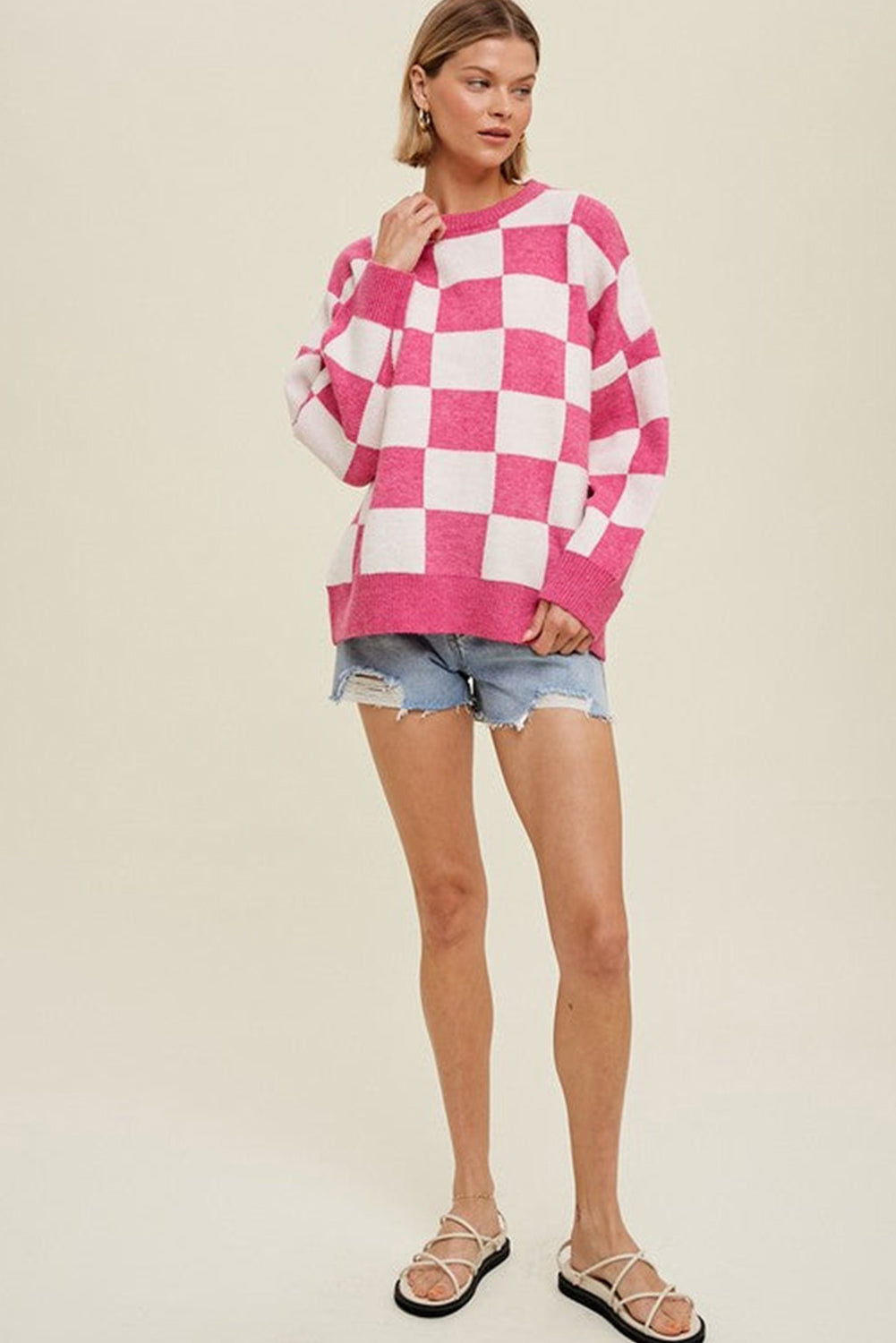 Bright Pink Ribbed Trim Checkered Pattern Knit Baggy Sweater