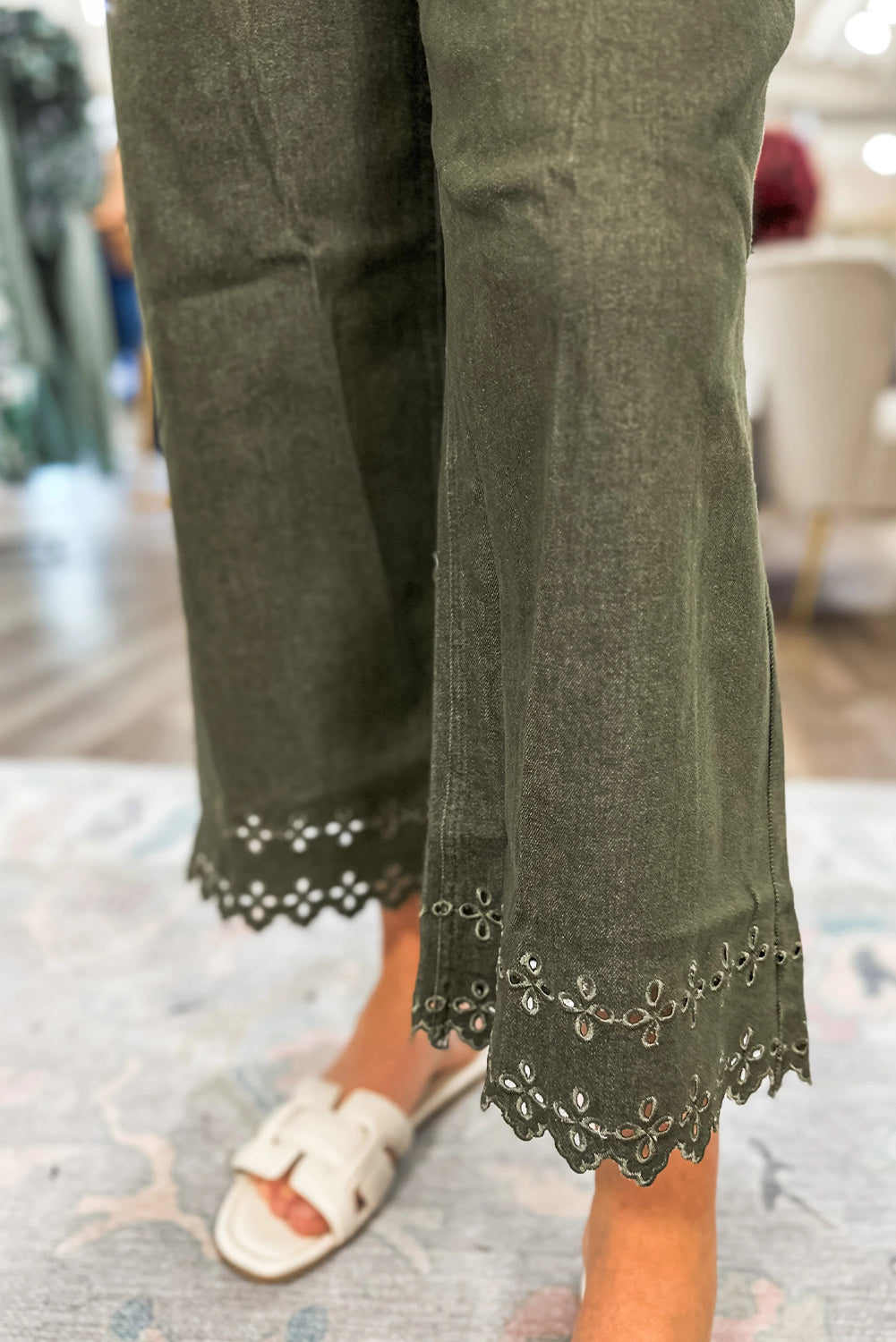 Four Leaf Clover Eyelet Embroidered Hem Detail High Waist Shift Jeans