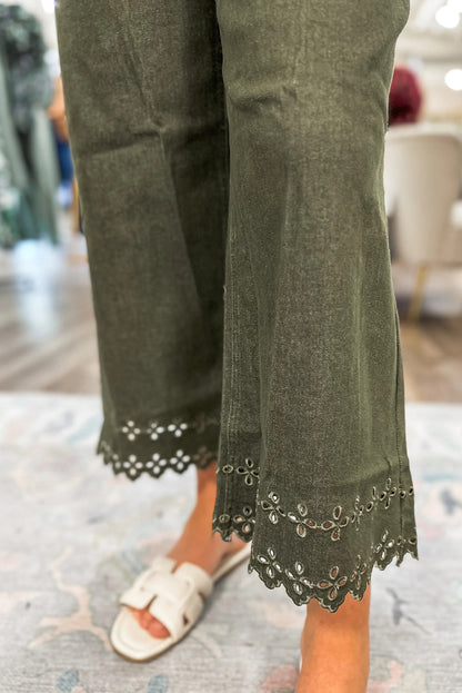 Four Leaf Clover Eyelet Embroidered Hem Detail High Waist Shift Jeans