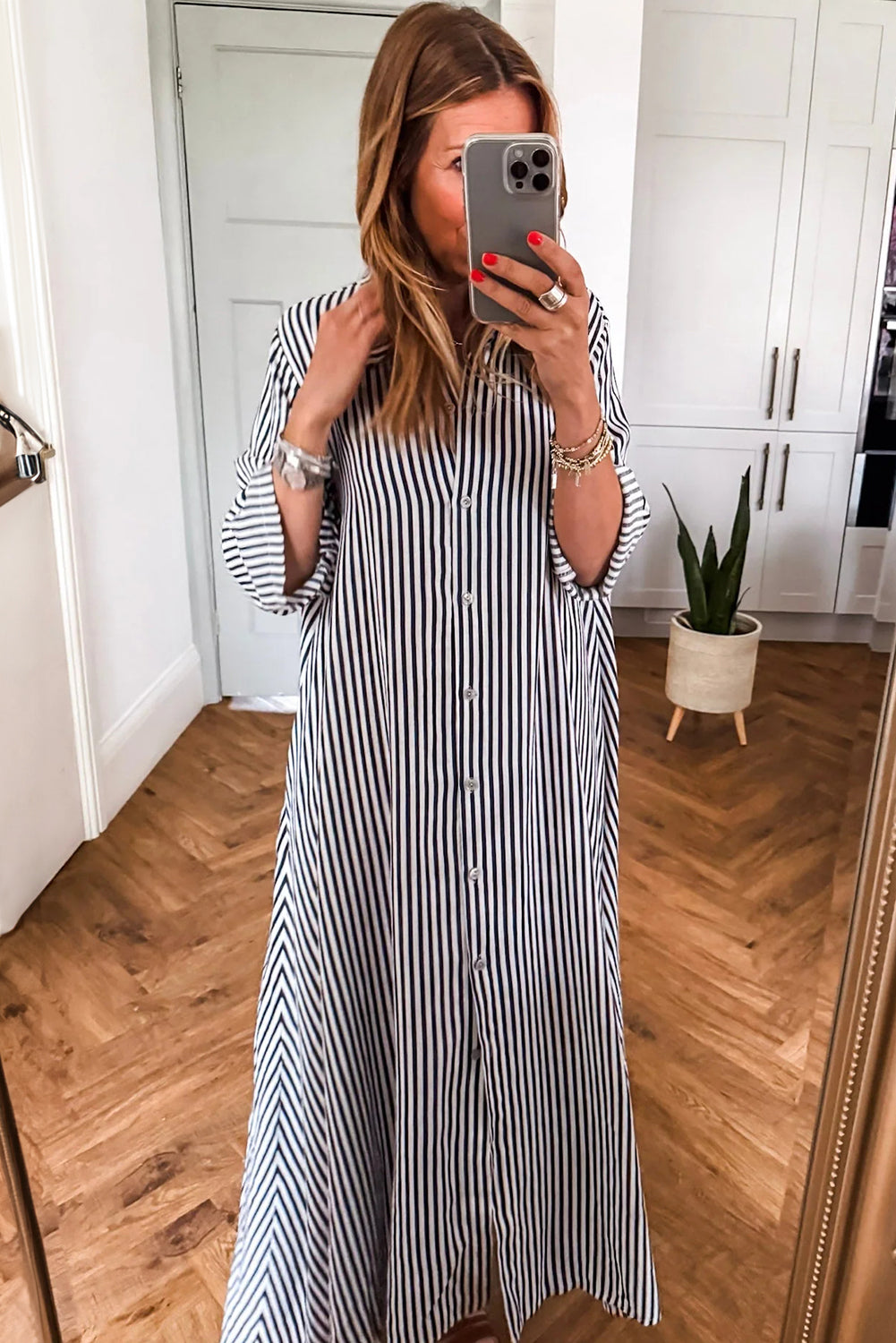 Black Stripe Side Pockets Buttoned Loose Fit Maxi Dress