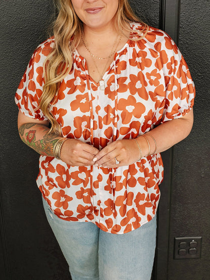 Orange Floral Print Plus Size V Neck Short Sleeve Blouse with Drawstring