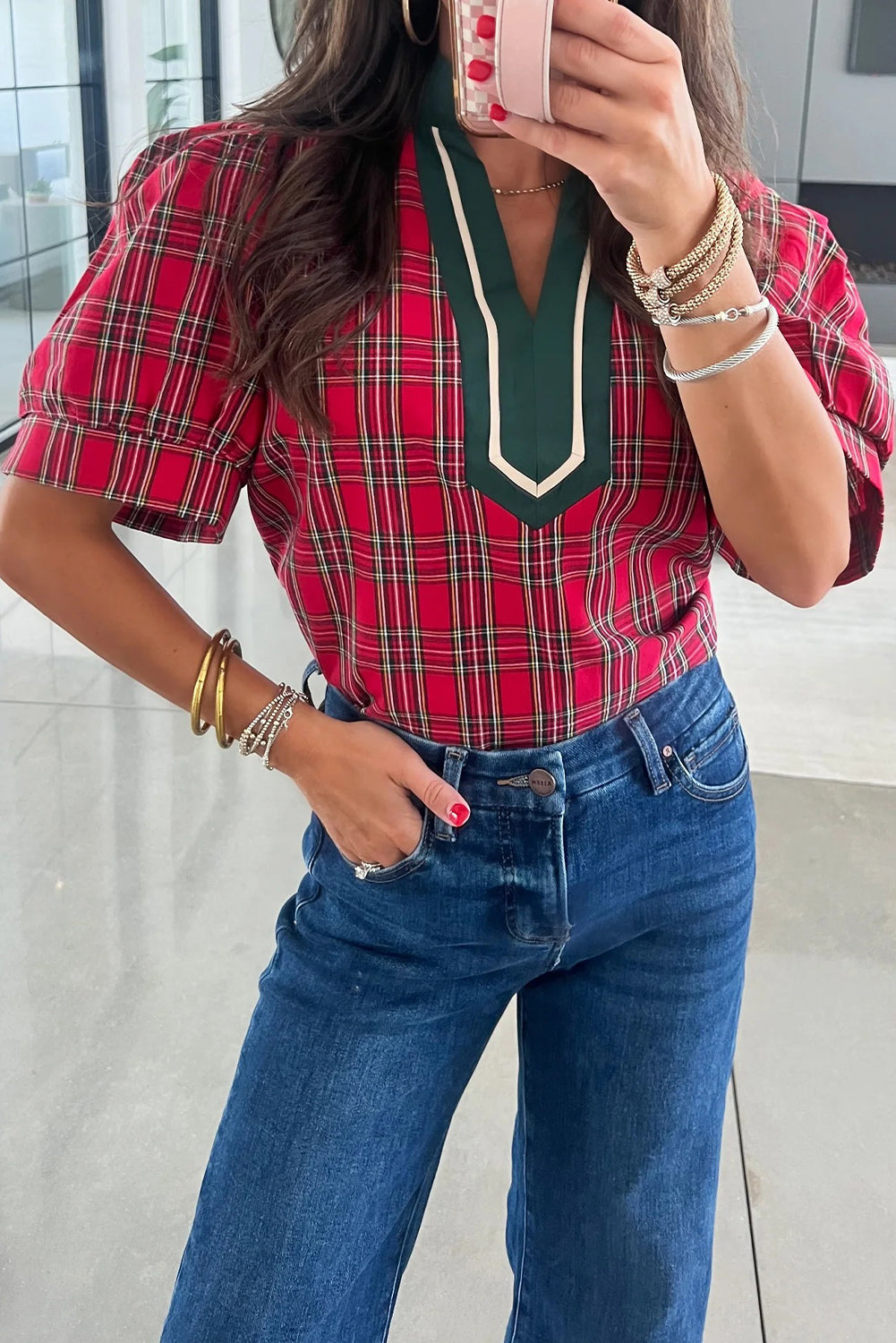 Red Plaid Print Contrast Trim V Neck Short Sleeve Blouse