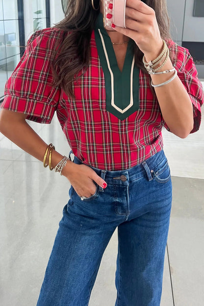 Red Plaid Print Contrast Trim V Neck Short Sleeve Blouse