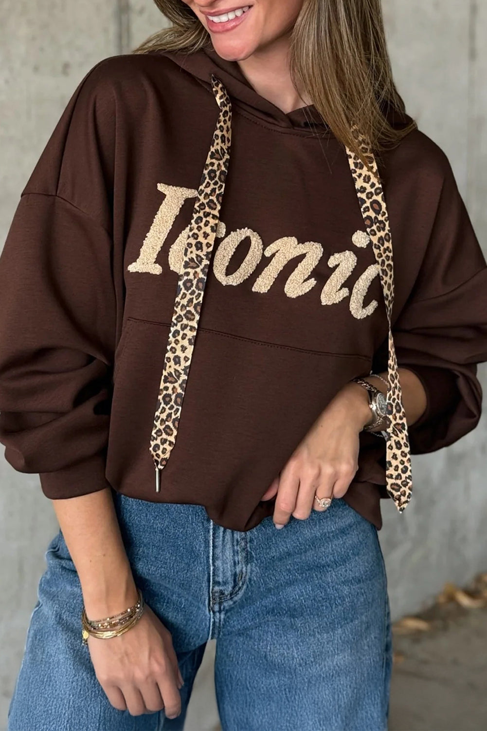 Dark Brown Iconic Lettering Graphic Hooded Sweatshirt