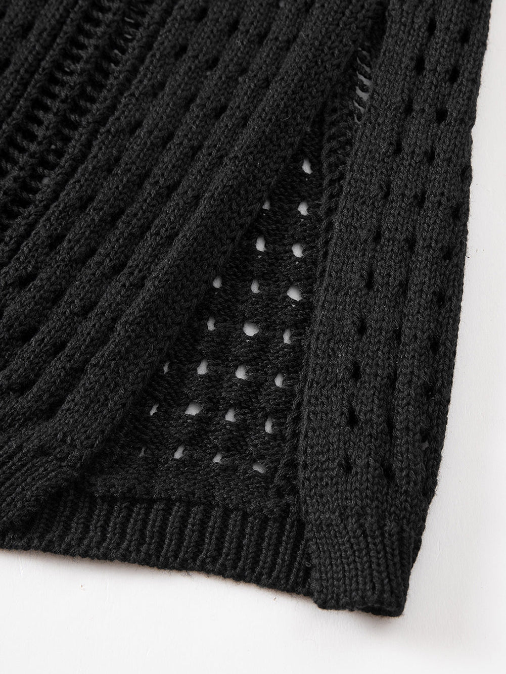 Boho Black Crochet Beach Dress with Drawstring & Hollow-out Detail