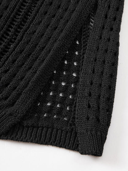 Boho Black Crochet Beach Dress with Drawstring & Hollow-out Detail