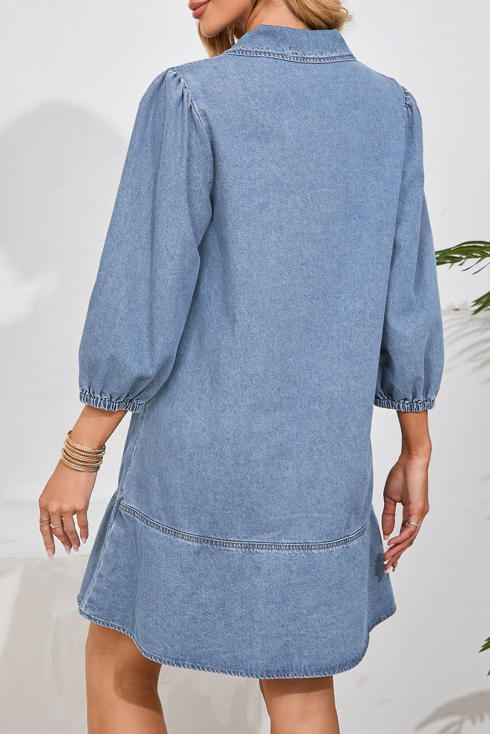 Beau Blue V Neck Collared Single Chest Pocket Long Sleeve Denim Shift Dress