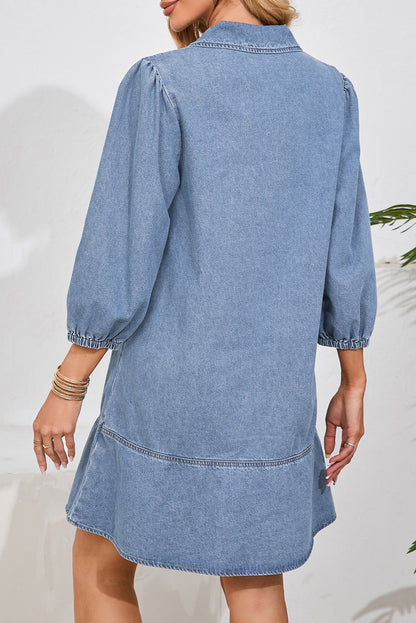 Beau Blue V Neck Collared Single Chest Pocket Long Sleeve Denim Shift Dress