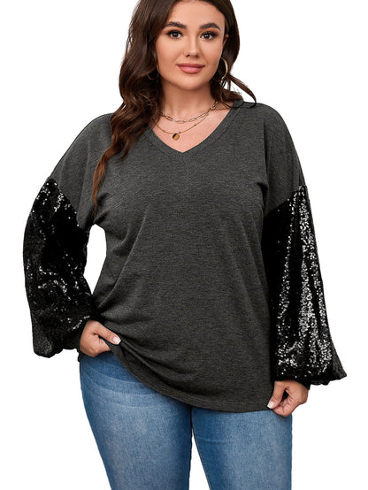 Black Plus Size Sequin Bubble Sleeve V Neck Knit Top