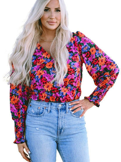 Elegant Floral Wrap V Neck Long Sleeve Body Suit