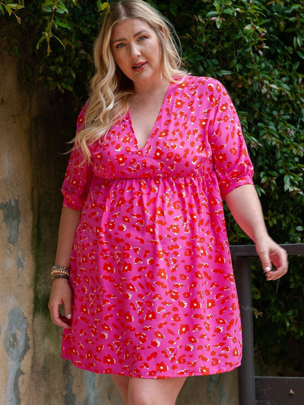 Leopard Print Plus Size Babydoll Dress with V Neck and Bubble Sleeves