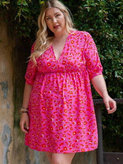 Leopard Print Plus Size Babydoll Dress with V Neck and Bubble Sleeves