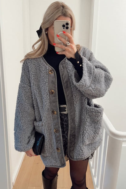 Medium Grey Puffy Plush Corduroy Edge Patchwork Jacket with Big Pockets