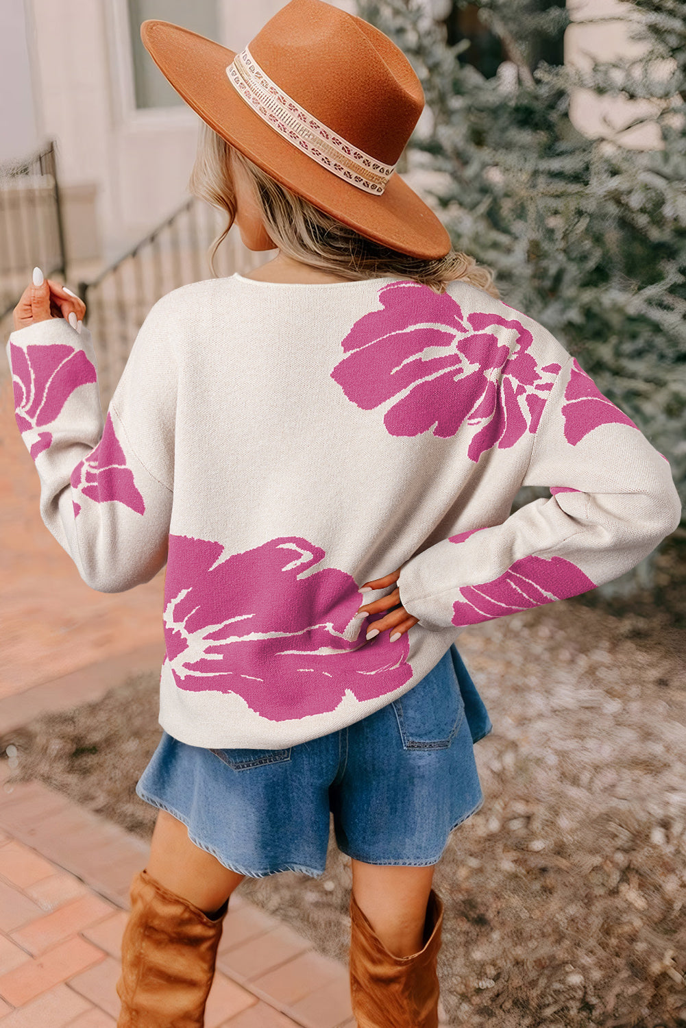 Rose Bold Flower Pattern Wide Sleeve Baggy Sweater