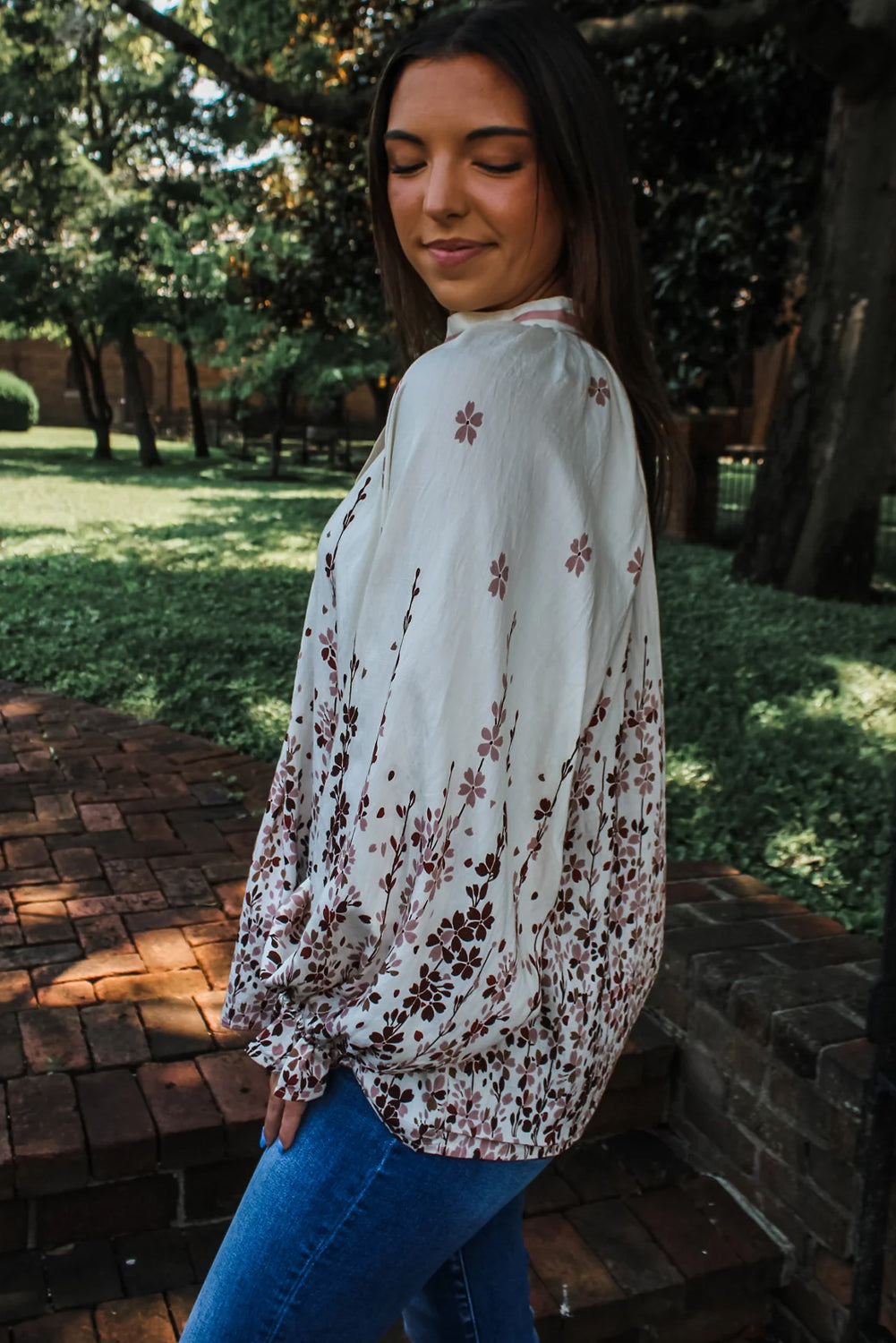 White Floral Print Long Puff Sleeve Striped Trim V Neck Blouse