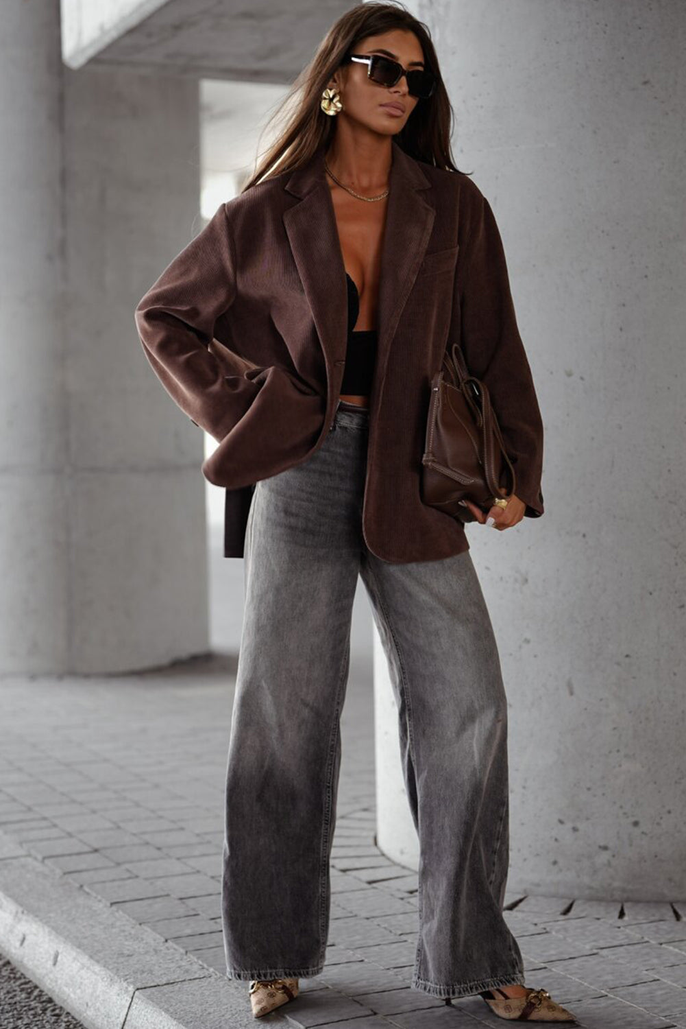 Dark Brown Solid Color Lapel Collar Winter Corduroy Blazer