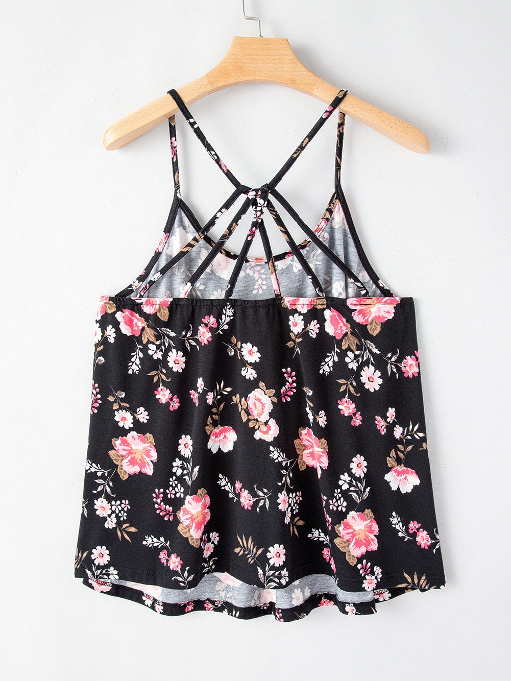 Floral Strappy Racerback Tank Top in Black Plus Size