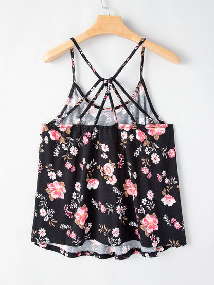 Floral Strappy Racerback Tank Top in Black Plus Size