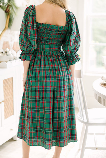 Green Tartan Plaid Square Neck Puff Sleeve Knot Waist Flared Midi Dress