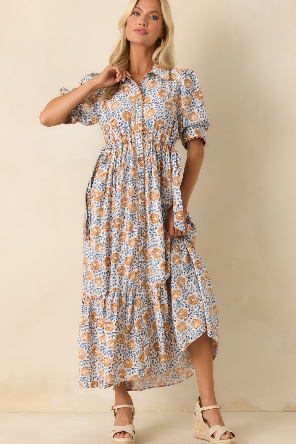 Sky Blue Multi Floral Print Shirt Collar Button Down Short Sleeve Maxi Dress