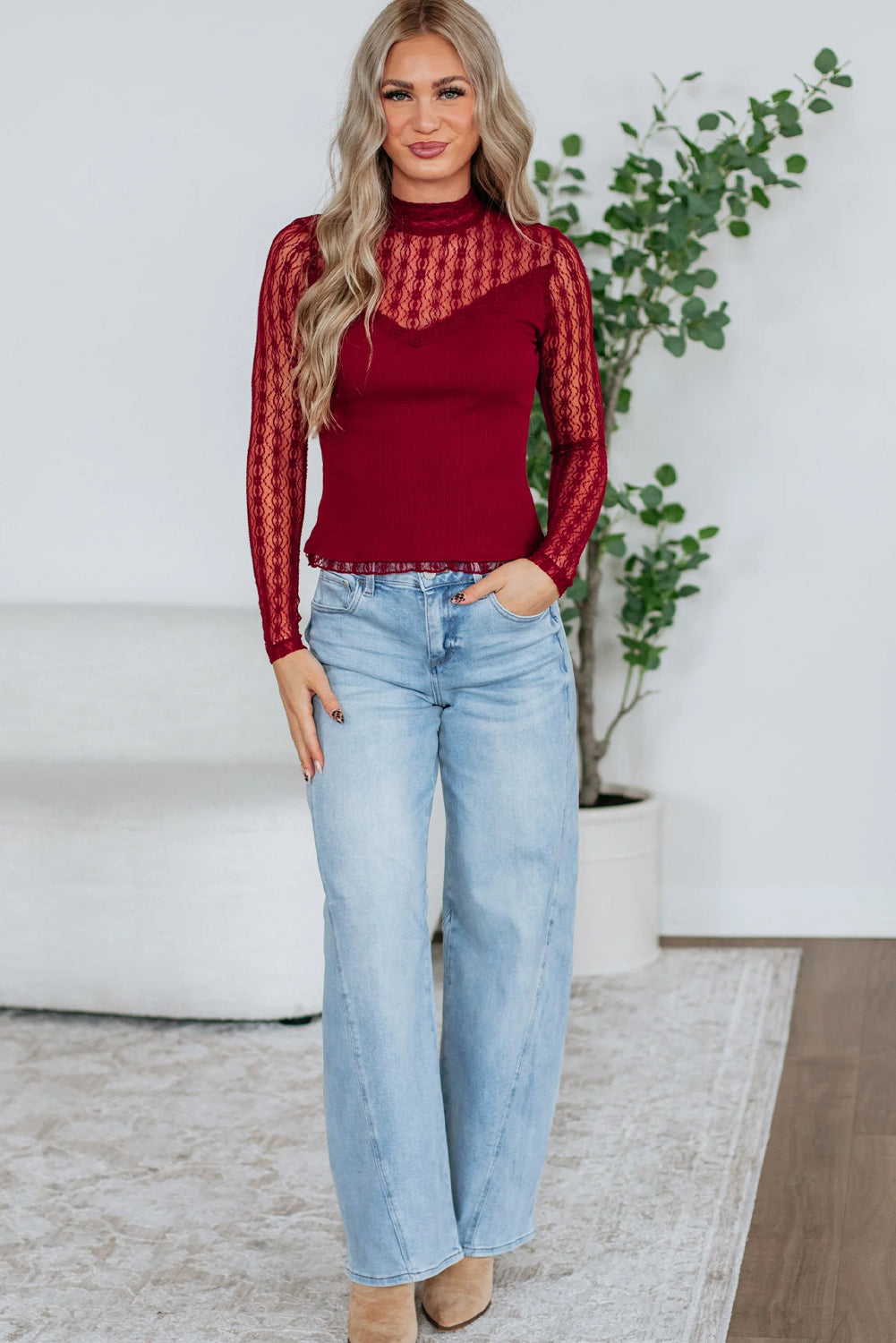 Red Dahlia Textured Knit Lace Patchwork Sheer Long Sleeve Top