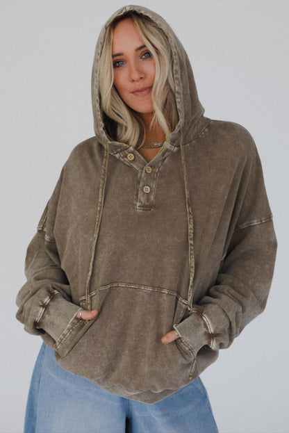 Dark Brown Mineral Wash Button Drawstring Neck Hooded Sweatshirt