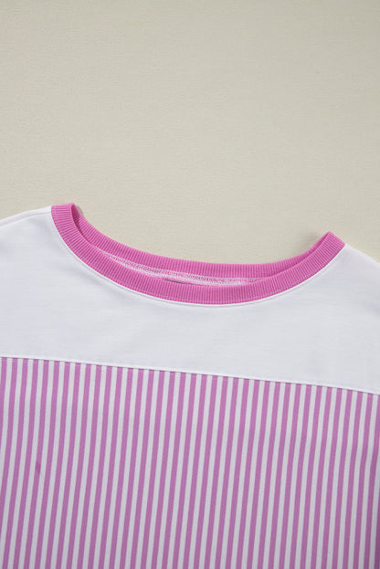 Pink Striped Patchwork Plus Size T-Shirt with Bracelet Sleeves