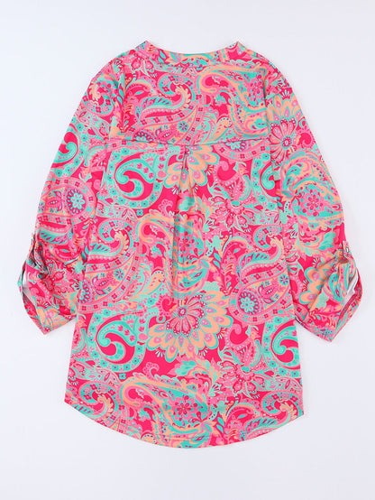 Rosy Paisley Print V Neck Shift Blouse for Plus Size Comfort