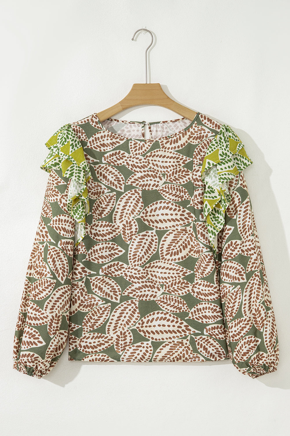 Green Abstract Leafy Print Contrast Ruffle Trim Long Sleeve Blouse