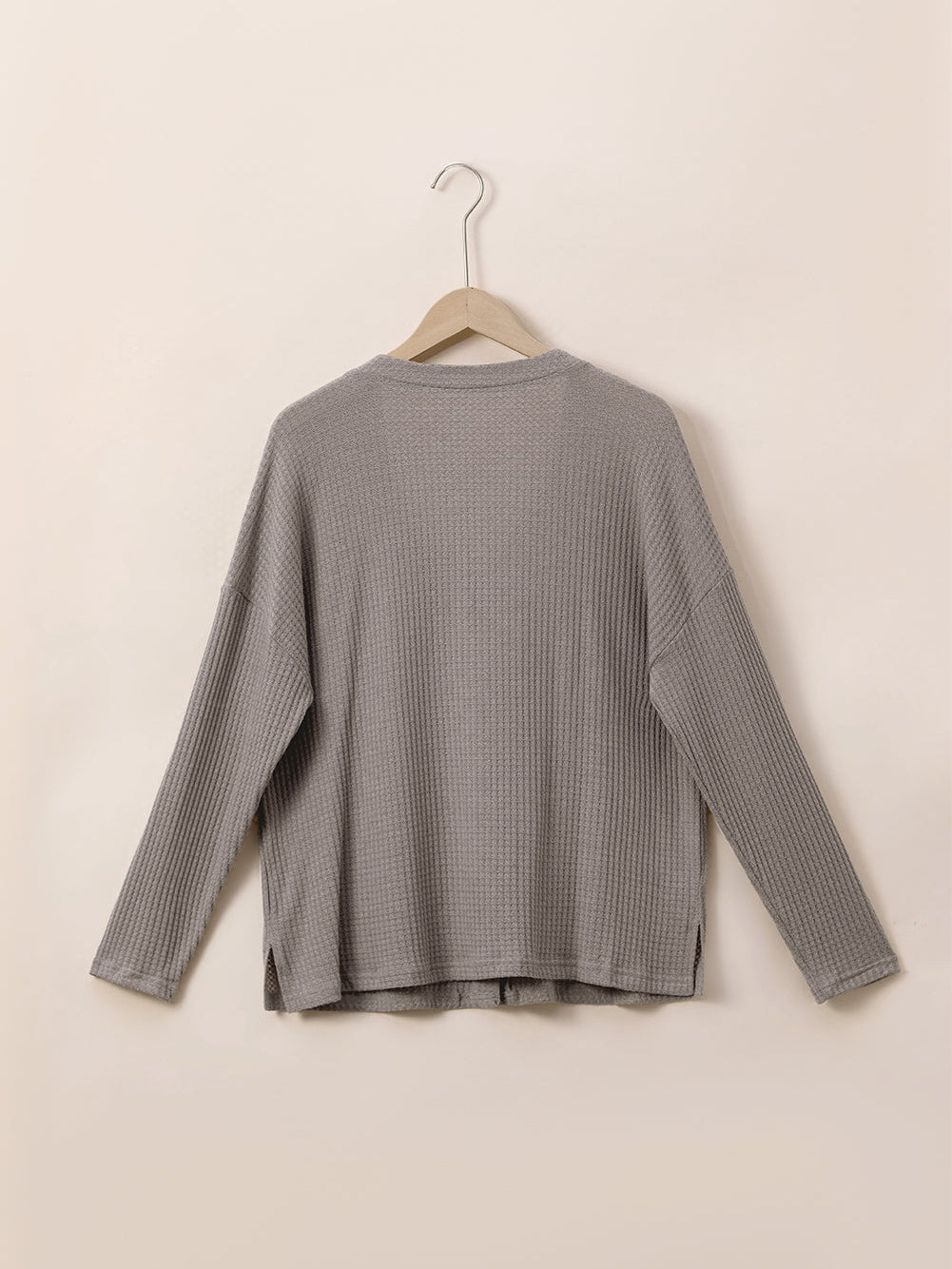 Simply Taupe Waffle Knit Drop Shoulder Button V Neck Plus Size Top