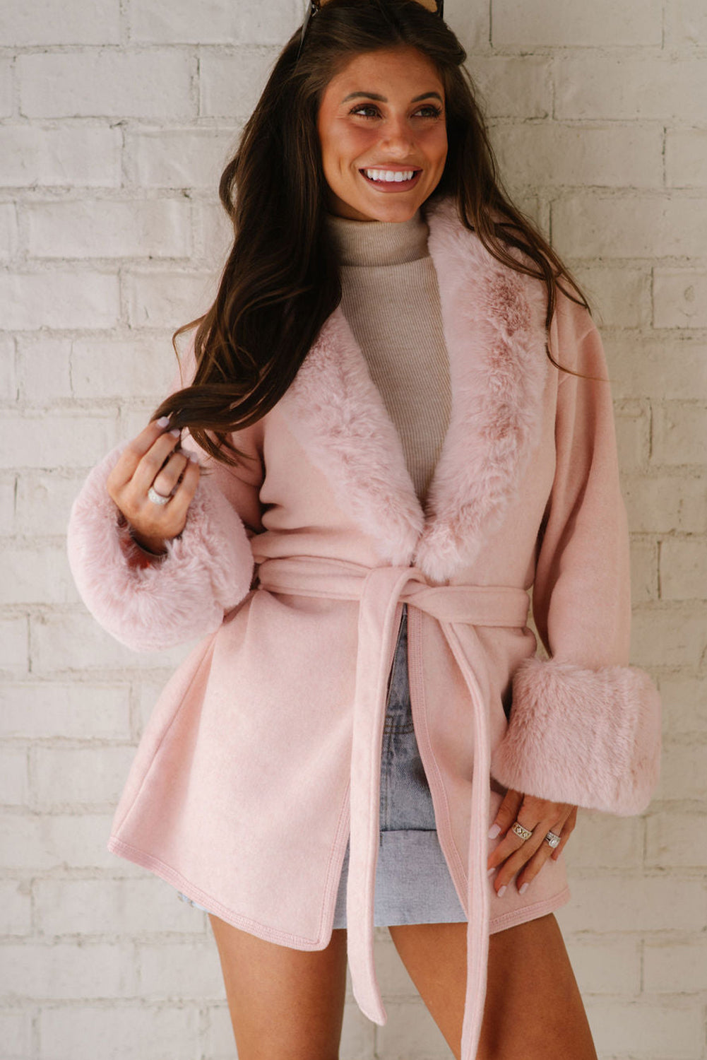 Delicacy Plus Collar Cuff Patchwork Open Front Belted Overcoat