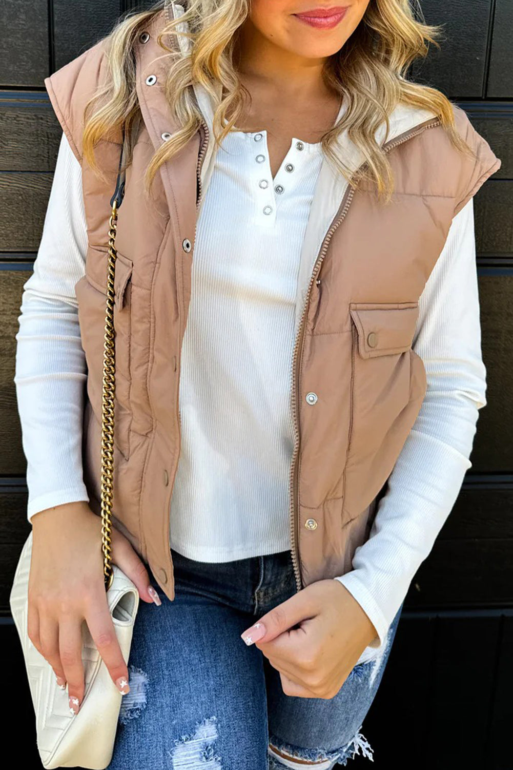 Smoke Gray Color Block Liner Patchwork Snap Button Zip Up Winter Vest