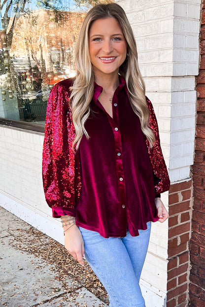 Red Dahlia Sequin Bubble Sleeve Patchwork Velvet Shirt