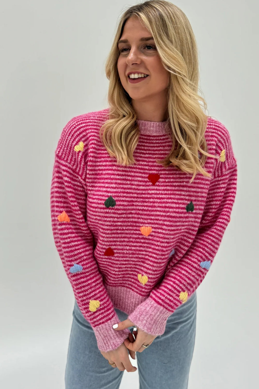 Rose Stripe Colorful Heart Detail Casual Sweater
