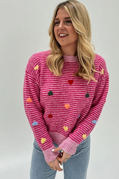Rose Stripe Colorful Heart Detail Casual Sweater