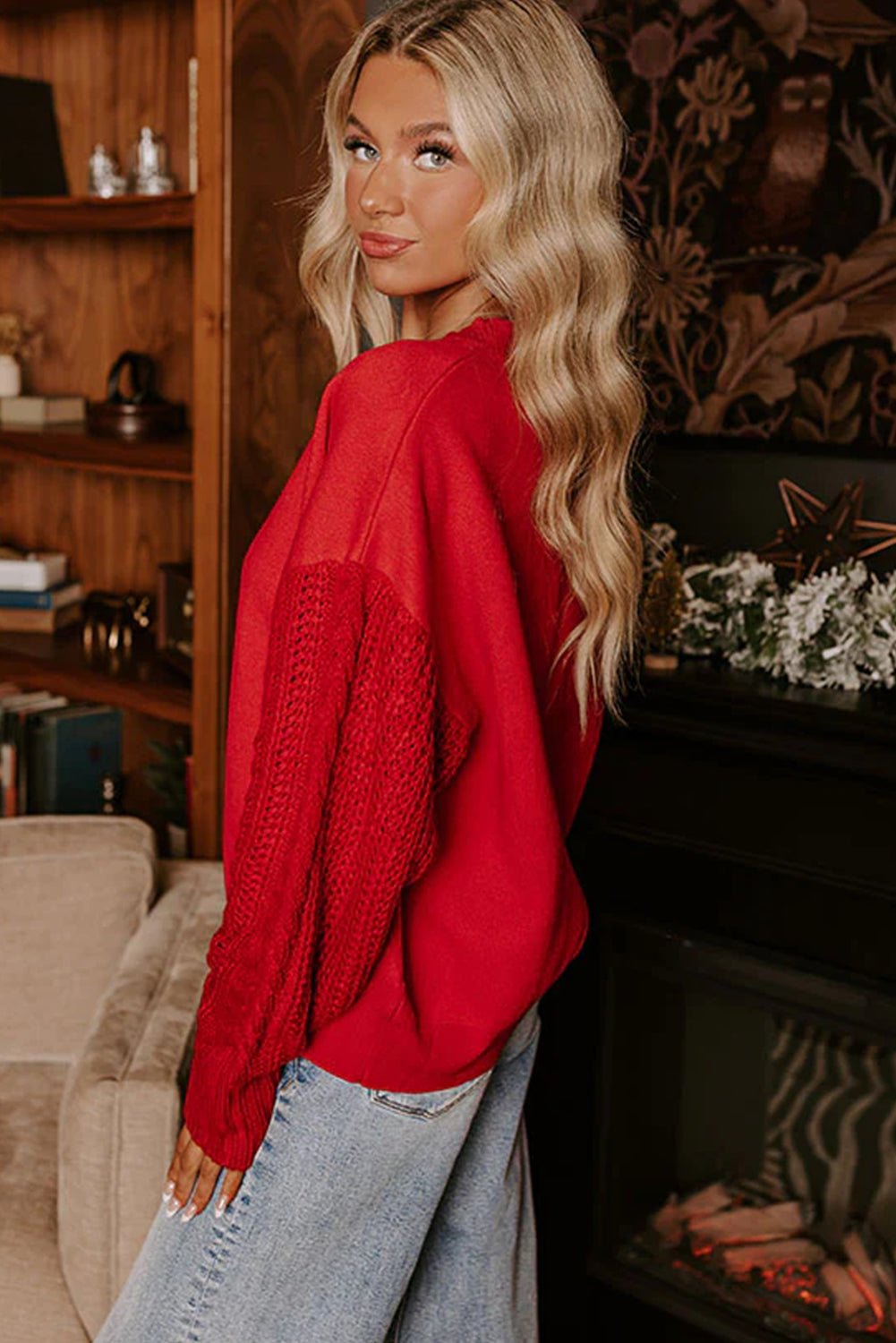 Fiery Red Cable Knit Textured Patchwork Sleeve Slouchy Sweater