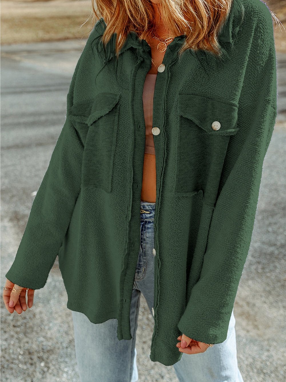 Green Knit Cotton Blend Casual Shacket with Chest Pockets