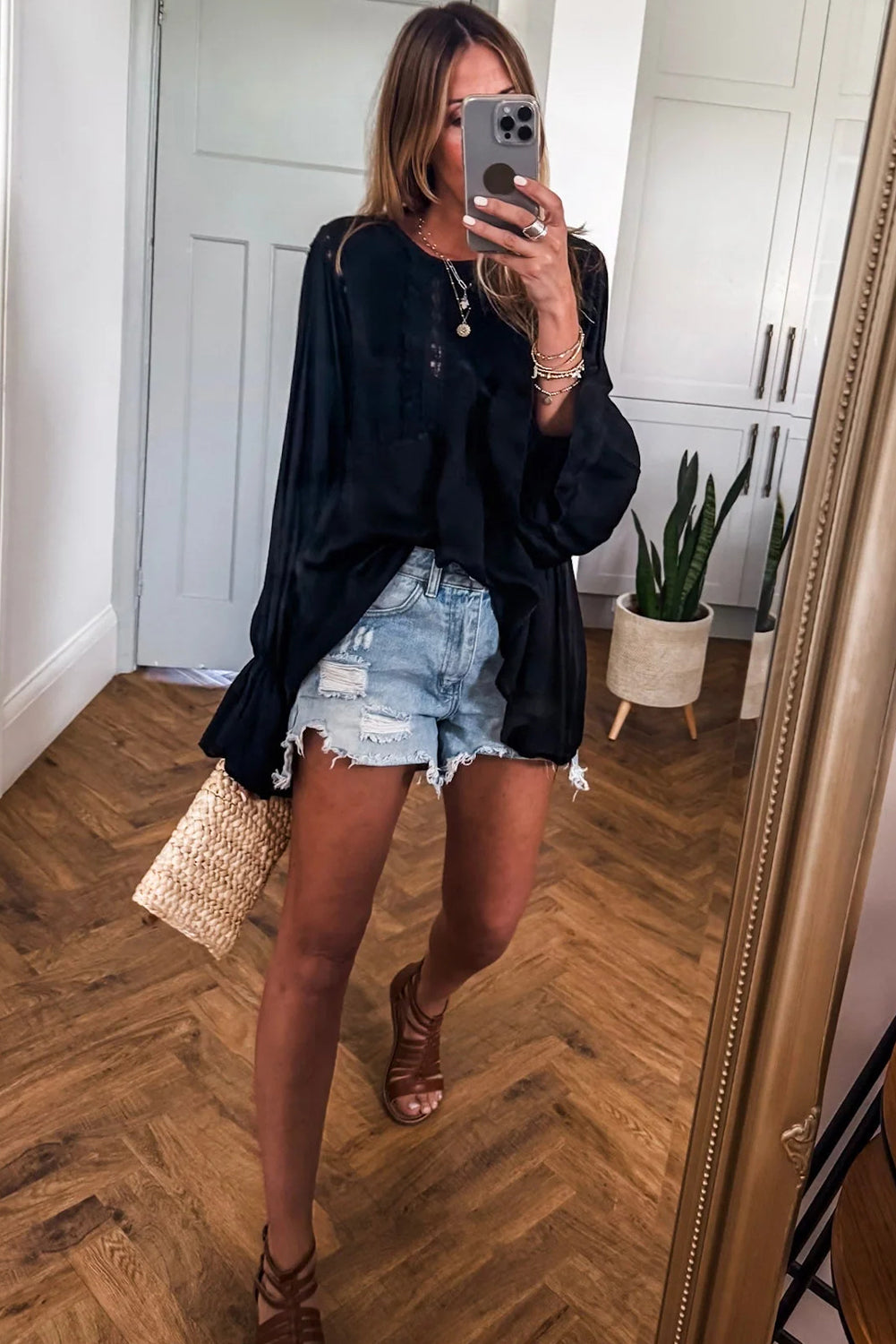 Black Silky Round Neck Lace Frilled Detail Long Sleeve Blouse