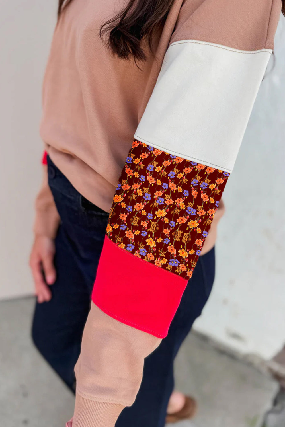 Smoke Gray Color Block Floral Patchwork Drop Shoulder Sweatshirt