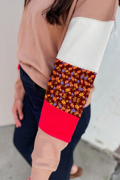 Smoke Gray Color Block Floral Patchwork Drop Shoulder Sweatshirt