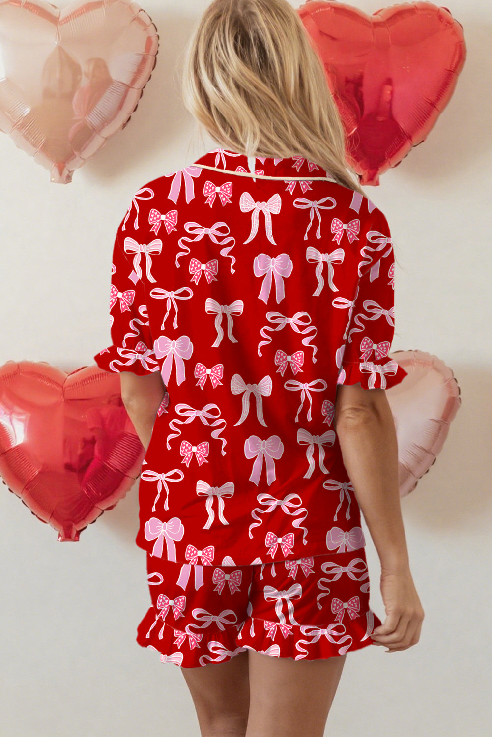 Red Sweet Bow Print Shirt Style Top Short 2pcs Pajama Set
